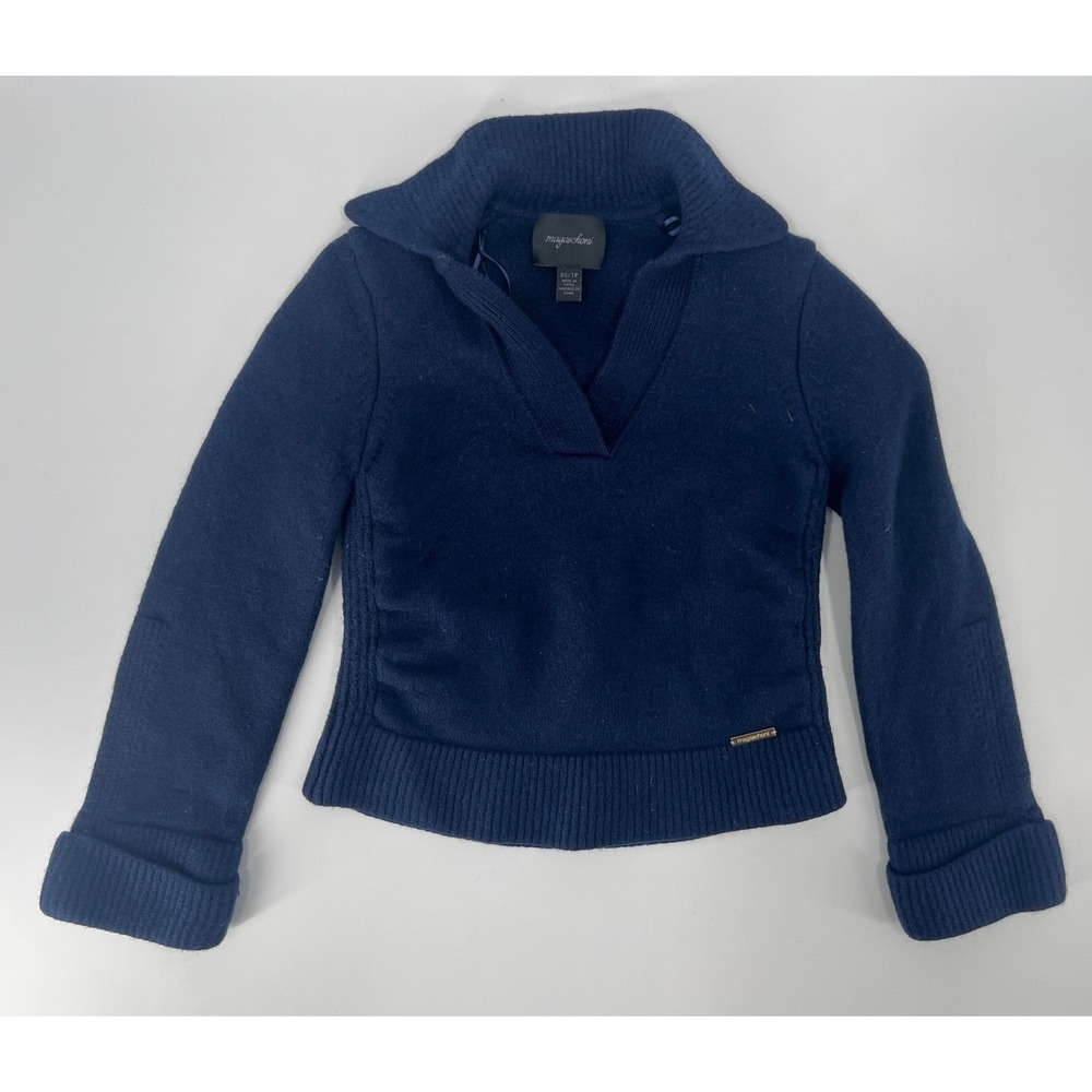 Magaschoni Merino Wool Sweater Womens XS Navy Blue Excellent V-Neck Collared